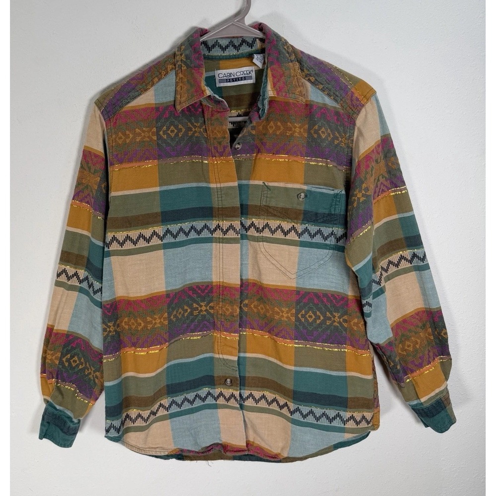 VTG Southwestern Button Up Shirt Womens Sz S Petite Cabin Creek 90s Granola